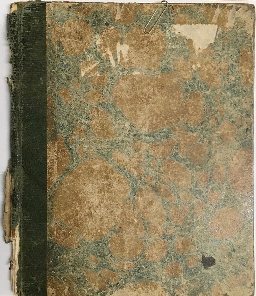 Faded marbling cover of the journal with fraying spine and binding