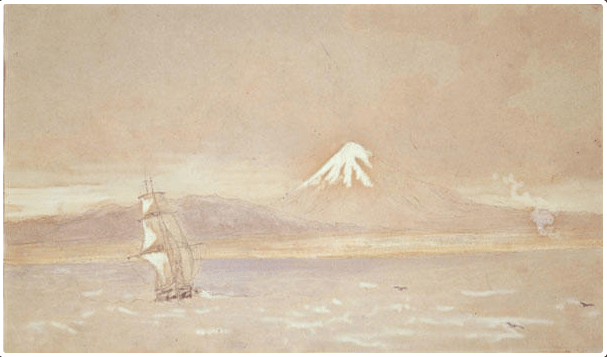 Watercolour depicting the "William Bryan" off Taranaki Coast, 1841. 