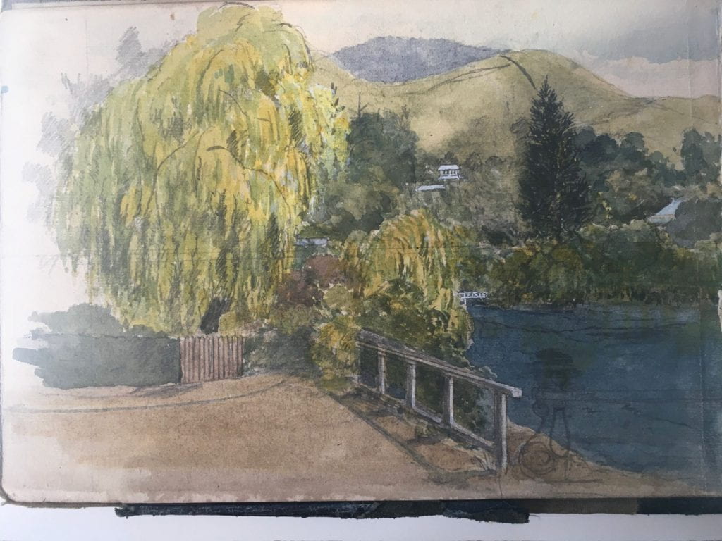 Watercolour, as described. There’s a willow tree to the left, some bushes to the right, a brown path down the middle, it overlooks the river