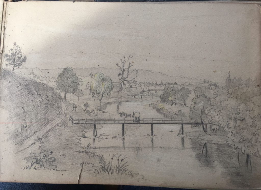 Sketch looking down on Maitai river, the Pukatea tree in the distance, several bridges visible up-river, one close and two in the distance