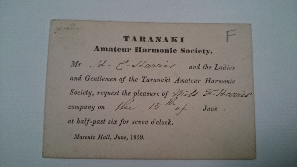 Invitation to Miss F Harris to attend Taranaki Amateur Harmonic Society concert
