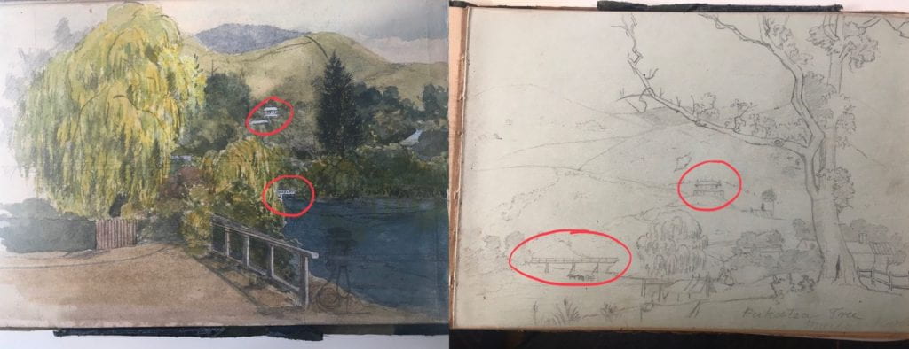 a copy of the watercolour and a copy of the first sketch, the bridge and house circled in red in both