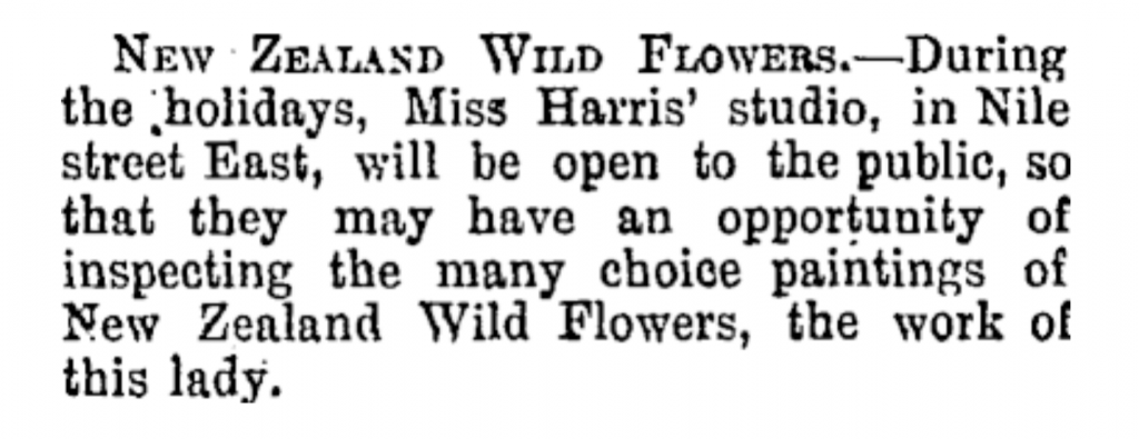 Image Transcription: New Zealand Wildflowers. — During the holidays, Miss Harris's studio, in Nile street East, will be open to the public, so that they may have an opportunity of inspecting the many choice paintings of New Zealand Wild Flowers, the work of this lady