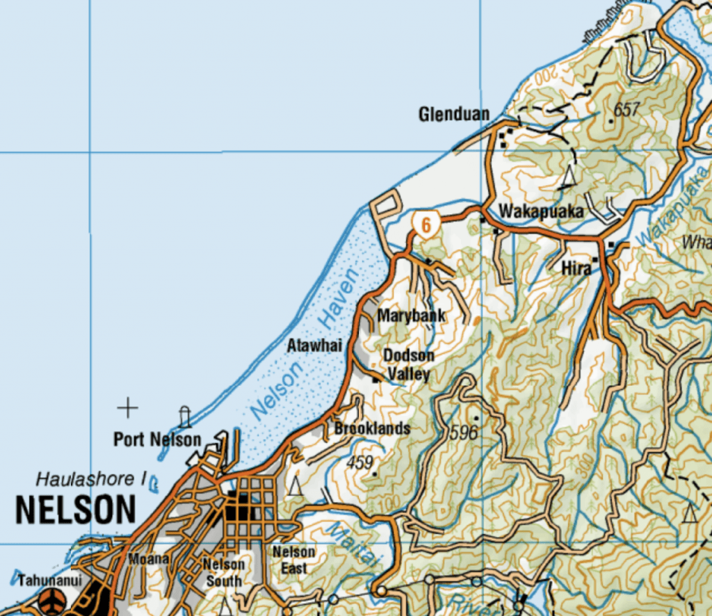 Image of map, Nelson in the bottom left and Hira and Wakapuaka on the upper right hand side