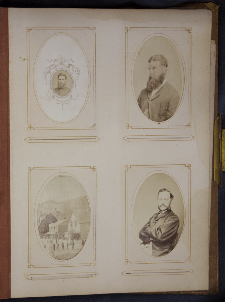 A page of 4 photos, top row 2 men with bushy beards, and bottom row a street and a man with his arms crossed