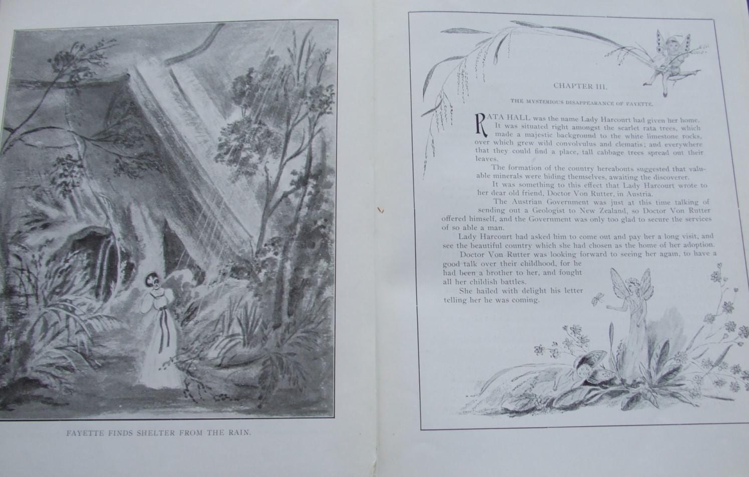 Double page spread with full page illustration on one side, a humanoid figure standing amongst trees and bush, and the first page of chapter three with header and footer seen in gallery