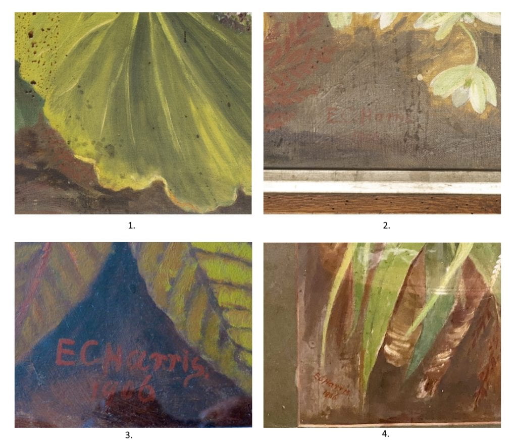 Signatures in red oil paint from four 1906 paintings by Emily Cumming Harris