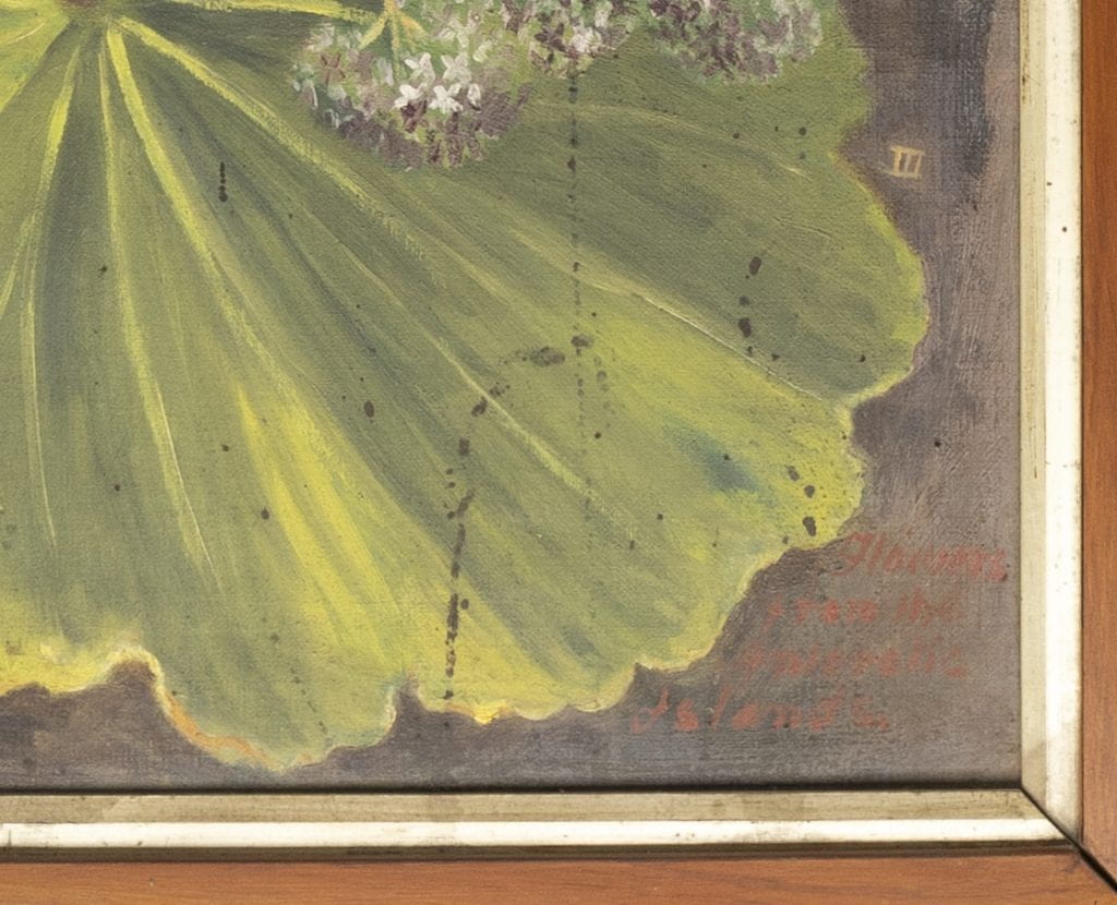 Detail of the 'Antarctic Flowers' panel, showing the description in red oil paint at lower right, and the light-coloured roman numeral III above the leaf